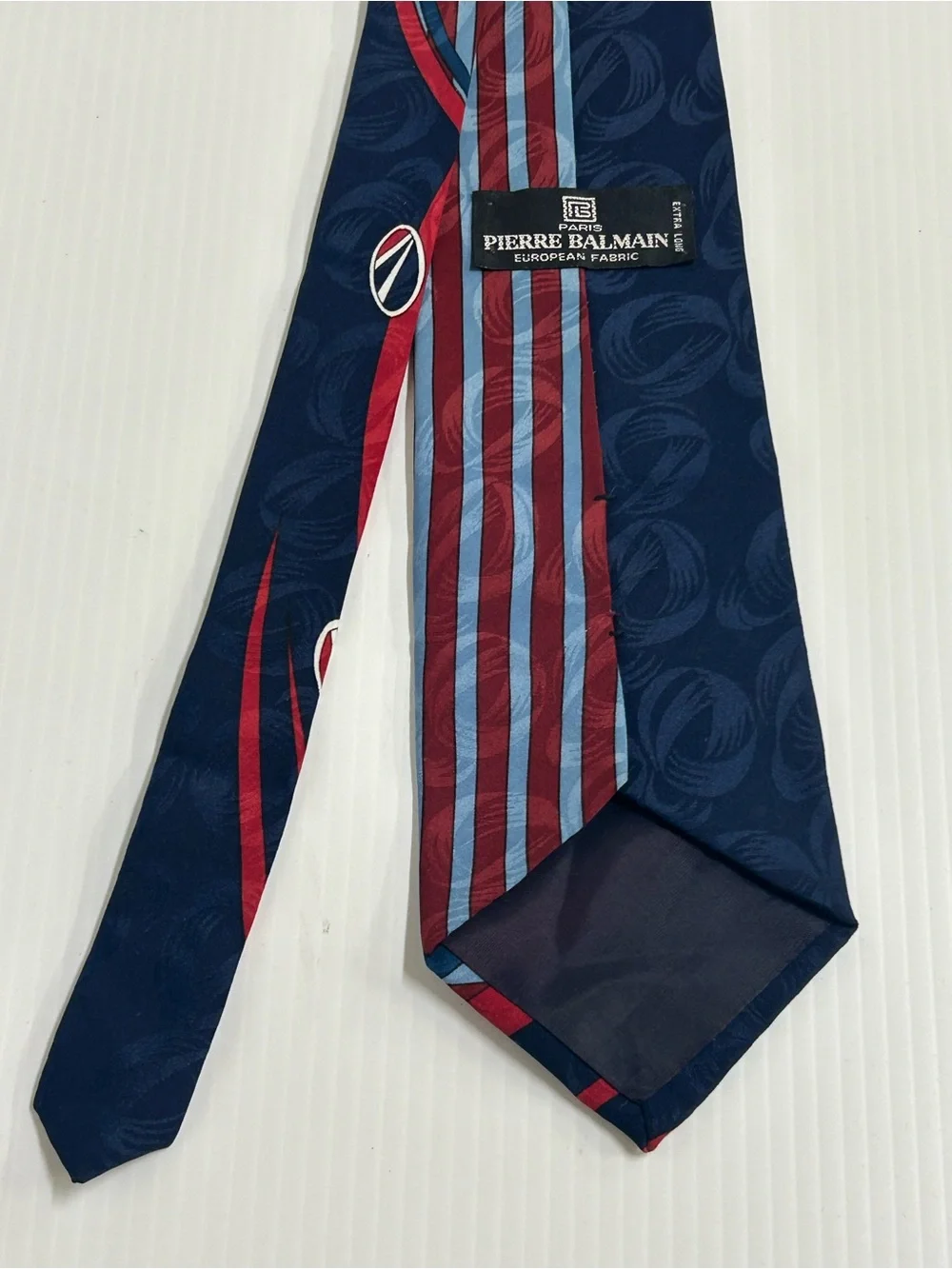 Pierre Balmain Paris Vintage Abstract Designer Tie Navy Blue Red Extra Long